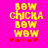 Yellow pixelated text on bright pink background with red star-like symbols below, showing two sequential animation frames.