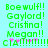 Green pixelated text on cyan background with pink asterisks, displaying names and exclamation marks in two identical vertical
