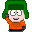 Pixelated character with green hair, orange jacket, and black gloves in two poses against gray background.
