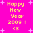 Pixelated yellow text on bright pink background reads 'Happy New Year 2009!' with a heart symbol, surrounded by white starbursts.