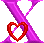 Two purple X-shaped structures with red and cyan hearts in the lower-left and lower-right positions respectively, on a gray background.