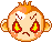 Pixelated cartoon face with orange hair, white eyebrows, red and yellow eyes, brown mouth, and pink cheeks on gray background.