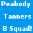Blue background with white text repeating 'Peabody', 'Tanners', and 'B Squad!' in a pattern, ending with a gray square at bottom right