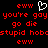 Red pixelated text on black background with white heart symbol, displaying repeated phrases and 'eww' at corners.