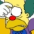 Pixelated cartoon character with yellow skin, red nose, and white eyes with black pupils, wearing blue pants and purple shirt against yellow and green background.