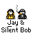 A 4x4 contact sheet of a pixel art animation featuring two cartoon characters labeled "Jay & Silent Bob" with smoking props, displayed on a gray background.