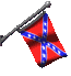 Red flag with blue X and white stars on gray background, mounted on metal pole in