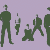 Animated sequence showing a group of green silhouettes on purple background, transitioning to red-toned scene with person in dark jacket and cap holding sign reading 'TODAY'S SPECIAL' above head.