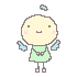 Pixelated character with round yellow head, green dress, pink cheeks, and blue wings in two poses against gray background.