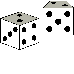 Multiple white dice with black pips and gray faces displayed in various orientations against a light gray background.