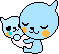 A 3x3 contact sheet of pixel art frames showing a light blue cartoon character holding a smaller crying companion, with subtle pose and expression changes across sampled frames.
