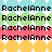 Pixelated text 'RachelAnne' repeated four times across horizontal color bands with star patterns on a light blue, green, pink, and yellow background.