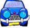Blue cartoon car with 'SOLD' text on windshield, circular headlights, white bumper, yellow license plate, and gray grille, displayed in a of variations