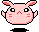 Pixel art contact sheet showing two frames of a pink cartoon pig mascot with red cheeks, white eyes, and black outlines against a gray background.