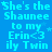 A blue background with repeated light blue text reading "She's the Shaunee to my Erin<3 ily Twin" and small star symbols, with a gray rectangle in the bottom-right corner.
