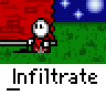 Animated contact sheet showing a pixel art character performing actions in front of red brick walls and green grass under blue starry sky, with repeated "_Infiltrate" text below each frame.