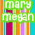 A static image displays six names in pixelated text over a striped background with vertical orange, pink, purple, green, and blue stripes.