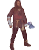 A character in a hooded brown outfit with white arm wraps holds an axe, shown across multiple poses on a gray background.