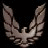 Static pixelated icon of a stylized bird with outstretched wings against black background, rendered in muted brown and gray tones.