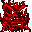 Pixelated red devil-like figure with multiple limbs and a wide mouth, displayed in mixed sizes on gray background.