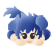 Four pixelated anime-style character head views with blue hair, black eyes, and peach skin against gray background.
