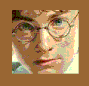 Brown background with a pixelated square image of a person wearing round glasses and light-colored clothing, next to three lines of text reading 'amigo', 'harry', and 'potter'.
