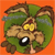 Pixelated green creature with large black eye, yellow nose, and brown limbs against orange background.