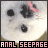 A static image of a white dog-like face with black eyes and nose, pink ear detail, and repeated text below.
