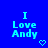 Blue background with cyan pixelated text reading "I Love Andy" and a small heart symbol below the text.