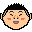 Pixelated cartoon face with black spiky hair, pink cheeks, and three distinct expressions: smiling mouth, clenched teeth, and wide open mouth showing red interior.