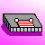 Pixelated gray tape dispenser with red-and-white striped roll, white eyes, and purple shadow on pink background.