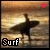 A 4-frame animated contact sheet showing a surfer silhouette walking toward the ocean at sunset with changing heart symbols and text colors.