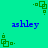 Green pixelated square icons with small dots animate against a cyan background, while blue text 'ashley' appears in four positions.