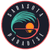 Circular pixel art icon with red border, dark background, teal crescent shape, orange circular element, and white text around perimeter.
