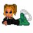 Pixel art of a character with blonde pigtails and blue eyes, wearing black clothing and orange earrings, holding a green object with white smoke-like effects against a white background.