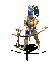 Animated sequence of a warrior figure in blue and gold armor holding a bow, transitioning through multiple poses against a gray background.