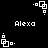 Pixelated white icon with stacked squares and dots on black background, paired with 'Alexa' text in