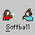 Animated pixel art of two figures in brown and blue outfits with red accents, performing sequential actions under 'Softball' text.