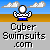 Pixelated character in white and blue swimsuit with arms raised, standing under clouds on blue sky and brown ground, text 'Cyber Swimsuits .com' below.
