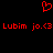 Red pixel art displays a heart symbol above repeated text reading "Lubim jo.<3 Lubim jo.<3" on black background.