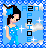 Pixel art contact sheet of an animated AIM buddy icon featuring a female character in blue dress with star patterns, set against light blue background with clouds and stars, displaying eight sequential frames showing subtle pose changes.