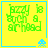 Yellow square icon with green pixelated text and blue pixelated alien at bottom-right corner, showing animation changes in alien position across frames.