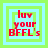 Pixelated red text "luy your BFFL's" on layered green and light blue squares with visible animation changes.