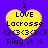 Yellow heart-shaped icon with black text on purple background, displaying "I LOVE Lacrosse <3<3<3<3 Play it :)" in pixelated font.