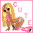 Pixel art of a blonde woman in pink bikini top and brown shorts, crouching with one hand on the ground, surrounded by 'CUTE' text.