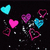 Pixelated heart shapes in cyan, magenta, and purple float against a black background with scattered white dots, while the text 'Pat' appears in blue on the right.