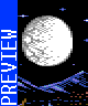 Pixel art image of a large white moon with gray crater details against black background, blue stars scattered around, and purple-blue landscape below.