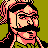 Pixelated 48x48 static icon of a character with dark hair, mustache, and beard against olive green background.