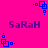 A bright pink background features multiple blue square-based pixel art icons and purple text reading "SaRaH" in two