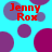 A static image with a bright cyan background featuring scattered purple and magenta circles, overlaid with red text reading "Jenny Rox" in four locations.